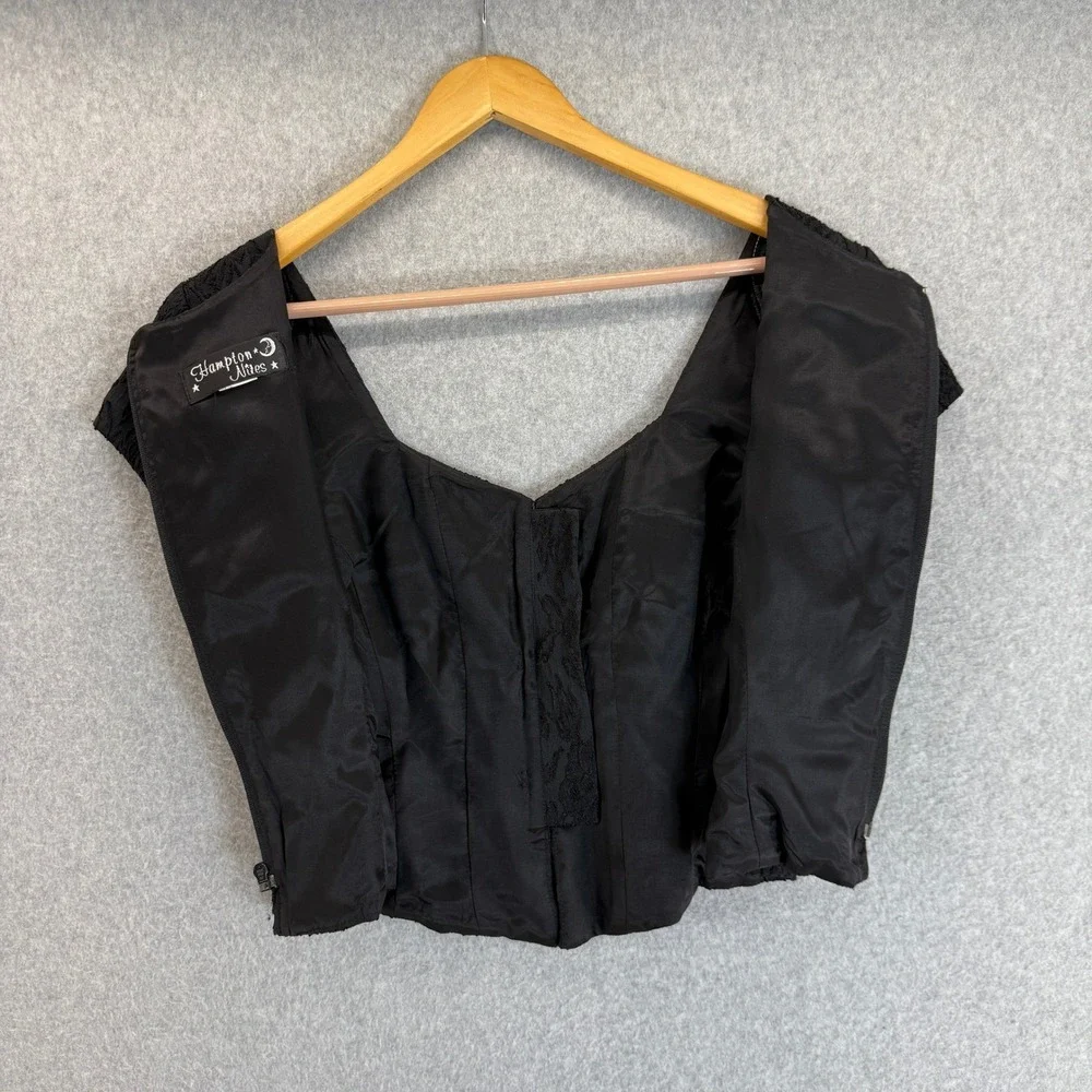 Hampton Nites Vintage 90s Black Lace Silver Brocade Rhinestone Cap Sleeve Blouse - Picture 10 of 14